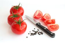 Fresh Tomatos, Pepper And Knife Stock Image