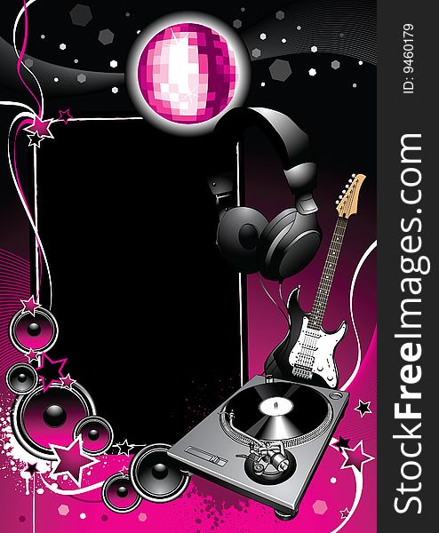 Turntable, guitar, headphones, discoball on dark background