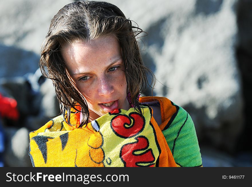 Girl at beach after swim