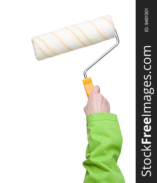 Woman holding clean paint roller in one hand