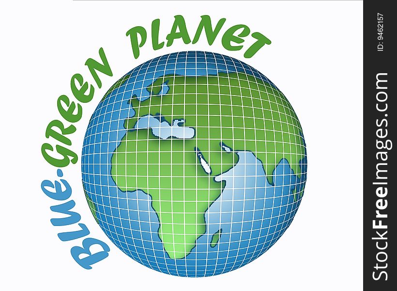 Globe contours of the continents and oceans with the words Blue- Green Planet