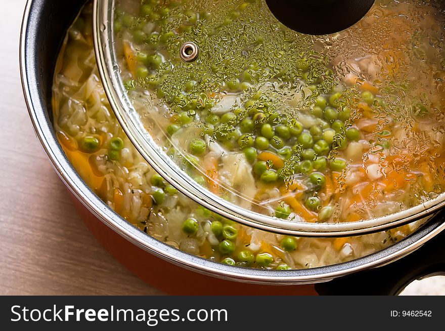 A pot with vegetable soup