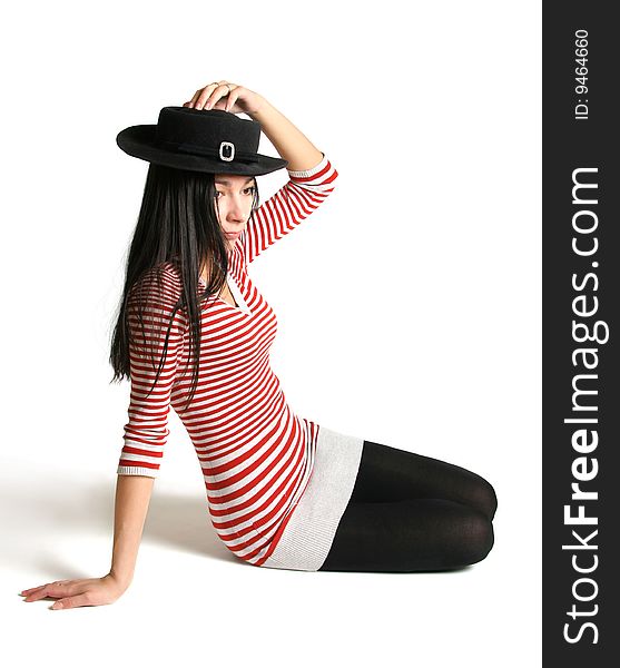 Girl is in a hat on white background