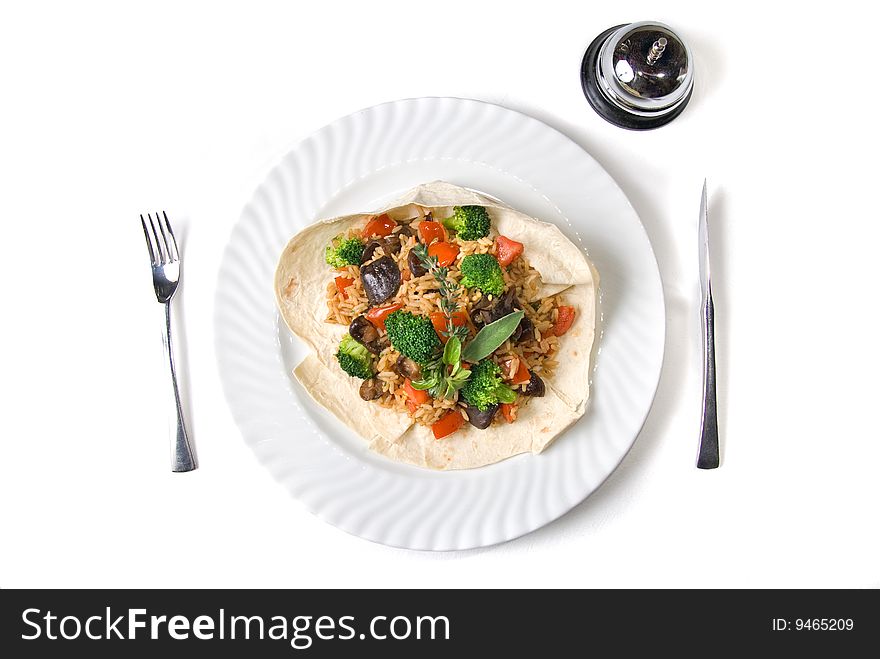 Risotto with fork, knife and restaurant ring isolated on white. Risotto with fork, knife and restaurant ring isolated on white