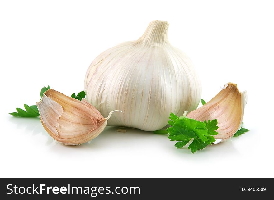 Garlic Vegetable with Green Parsley Leaves Isolated on White Background