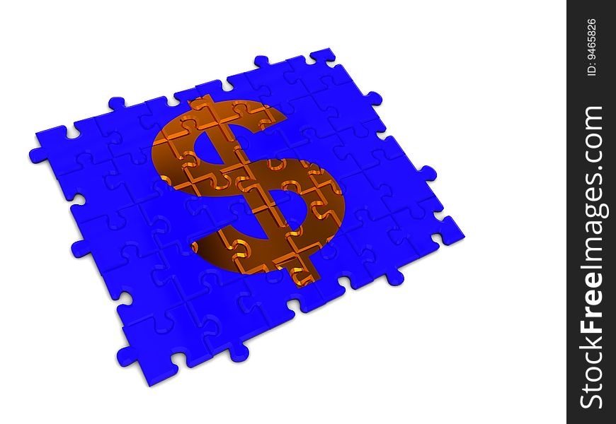 3d illustration of blue puzzle with golden dollar sign. 3d illustration of blue puzzle with golden dollar sign