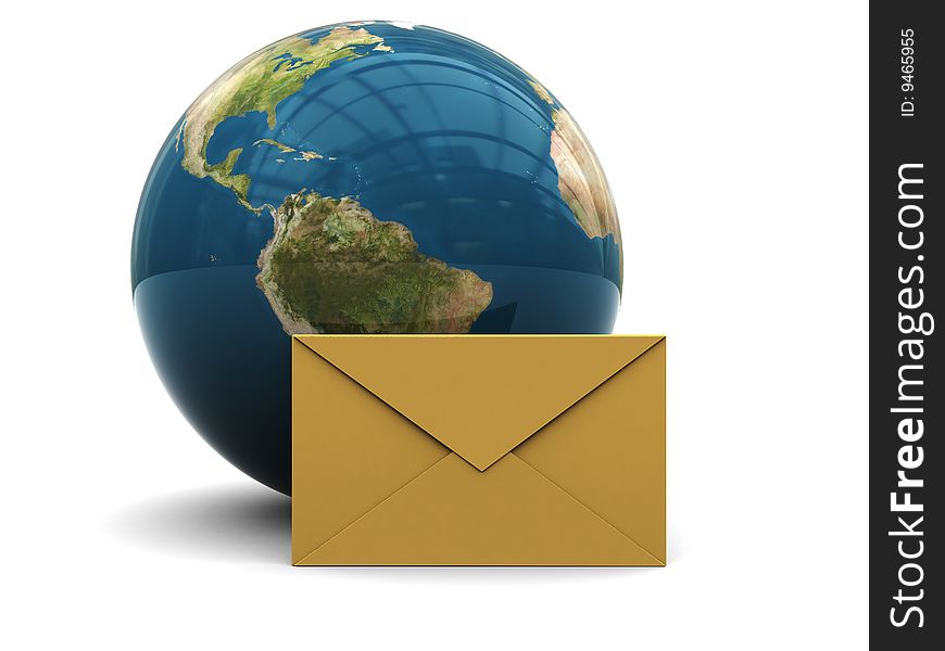 3d illustration of earth globe and mail envelope, over white background. 3d illustration of earth globe and mail envelope, over white background