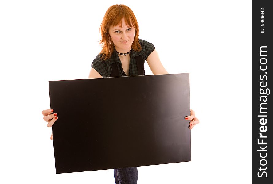 Woman holding black banner on white. Woman holding black banner on white