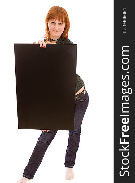 Woman holding black banner on white. Woman holding black banner on white