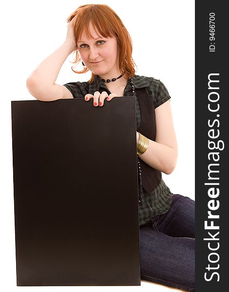 Woman holding black banner on white. Woman holding black banner on white