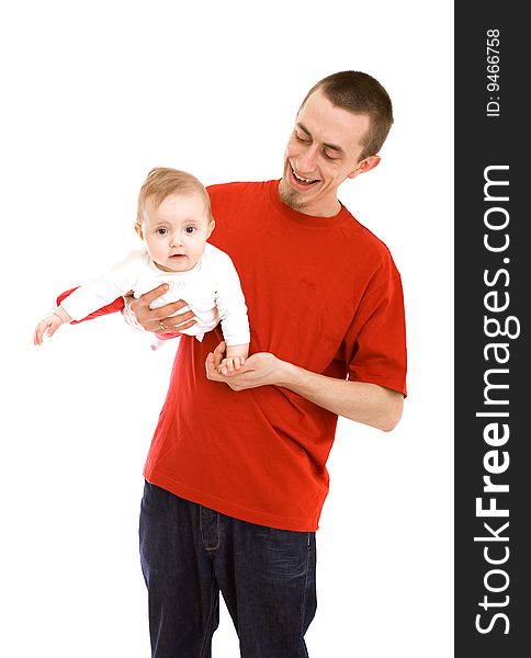 Men and his baby on white background. Men and his baby on white background
