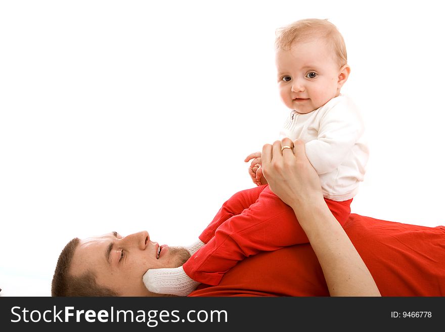 Men and his baby on white background. Men and his baby on white background