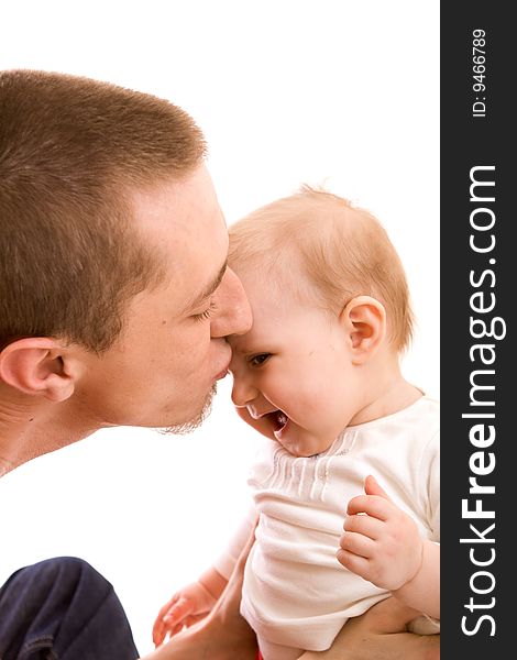 Men and his baby on white background. Men and his baby on white background