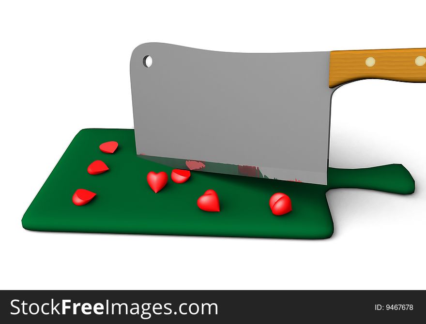 A big cleaver chopping small candy hearts into half. . A big cleaver chopping small candy hearts into half.