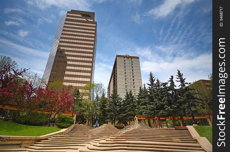 Urban park with towers in background