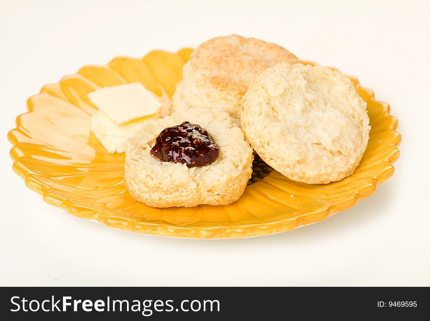 Buttermilk Biscuits the raspberry preserves on Sunflower plate