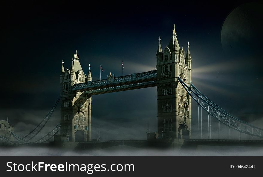 A view of London Bridge on a foggy night. A view of London Bridge on a foggy night.