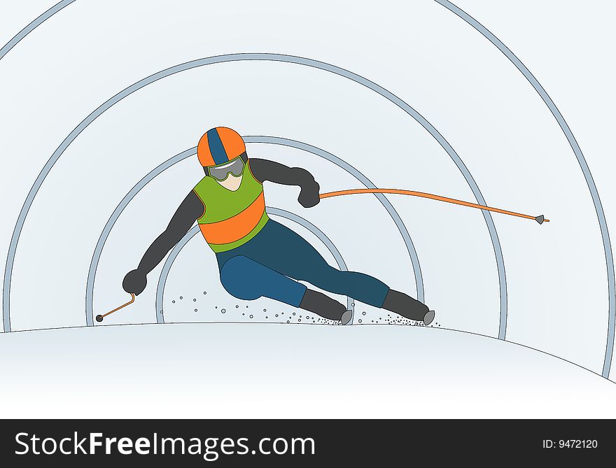 Ski racer during competition. Coloured illustration.