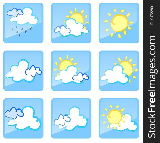 Blue icons with scene of the different conditions of the weather. Blue icons with scene of the different conditions of the weather