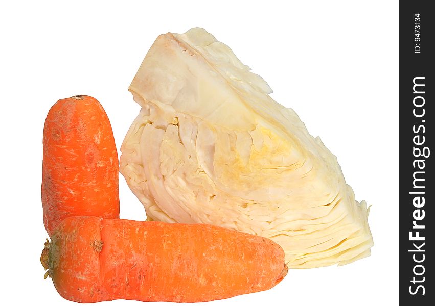 Cabbage and two carrots on a white background. Cabbage and two carrots on a white background