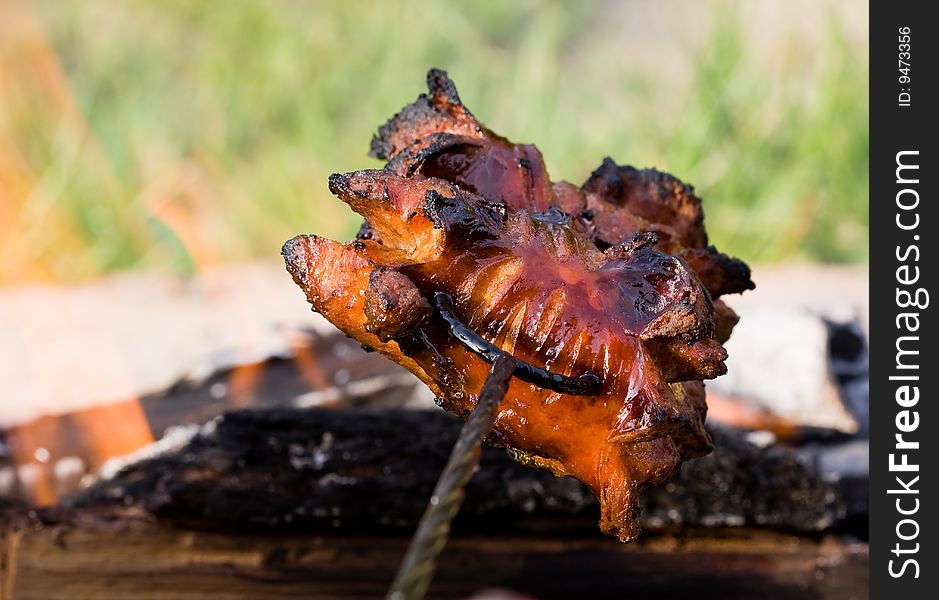 Sausages and chicken kebabs on a barbecue. Sausages and chicken kebabs on a barbecue