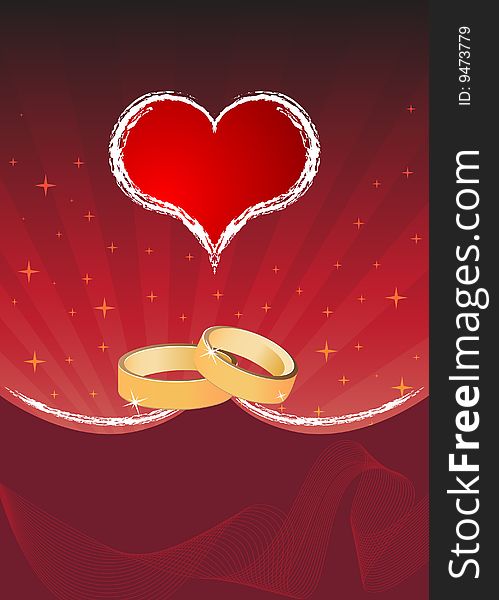 Red heart and rings on the abstract background