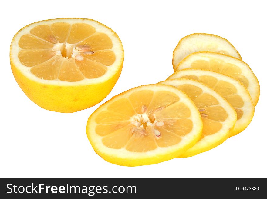 Half of lemon and segment on a white background. Half of lemon and segment on a white background
