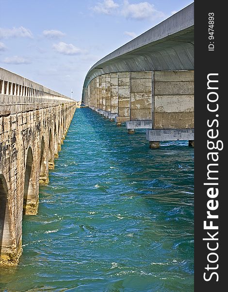 Endless bridge leading to an infinite focal point with blue sky and emerald green waters of key west. Endless bridge leading to an infinite focal point with blue sky and emerald green waters of key west