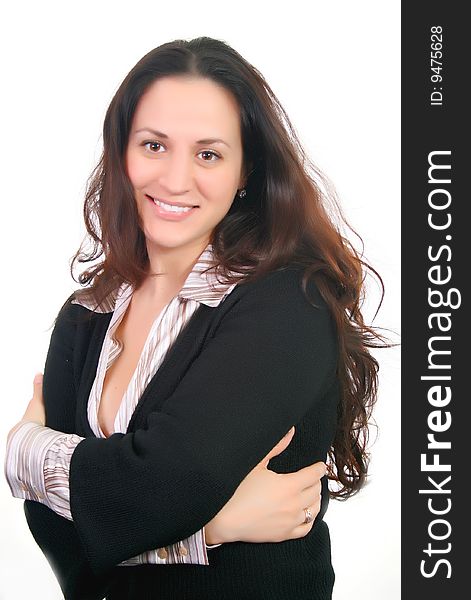 Portrait of the smiling woman, embracing hands on white background, brunette. Portrait of the smiling woman, embracing hands on white background, brunette