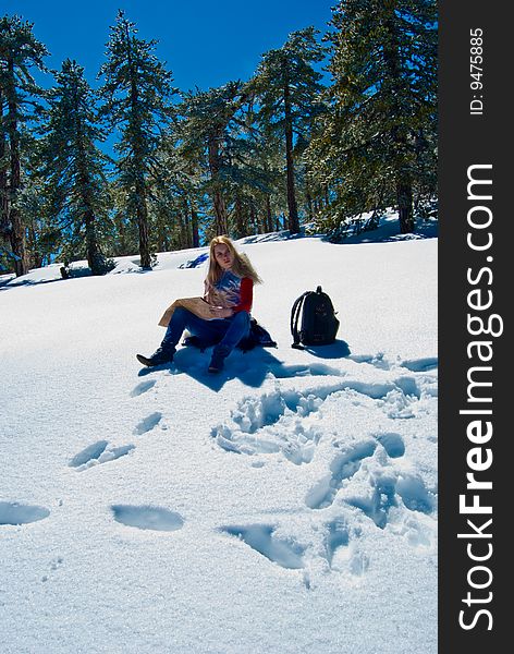 Young girl in the mountains, tourist, researcher