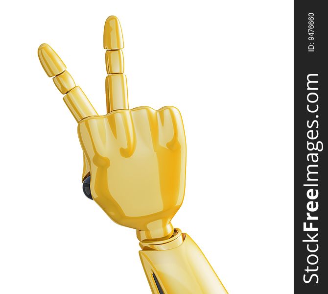 Golden robotic hand showing victory sign