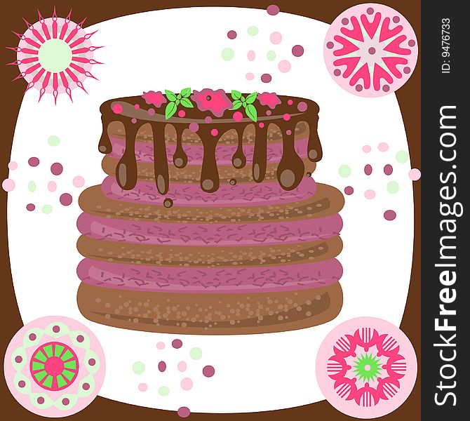 Laminated chocolate cake on background of the abstract festive pattern