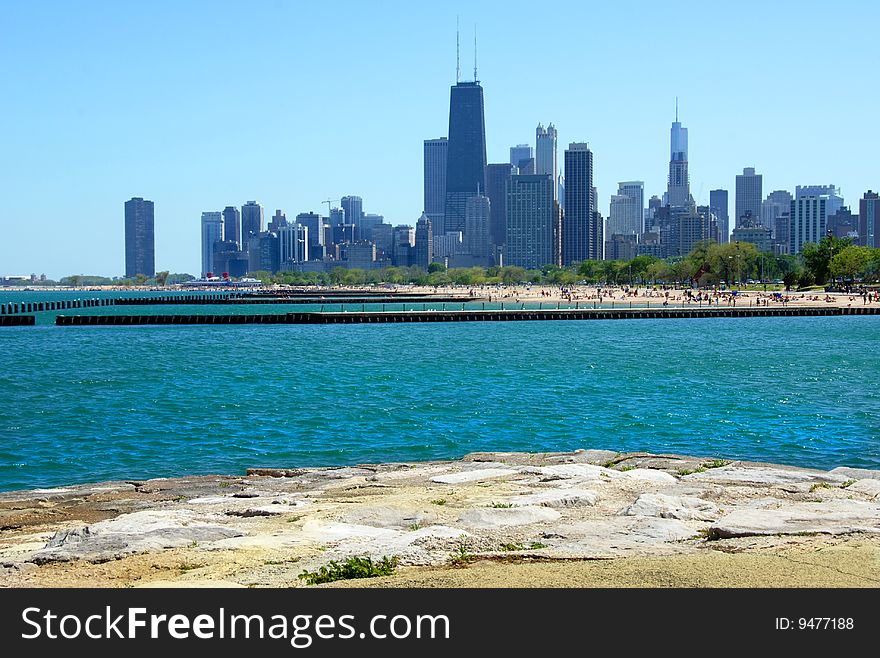 View of the Chicago skyline from the shore of Lake Michigan. View of the Chicago skyline from the shore of Lake Michigan.