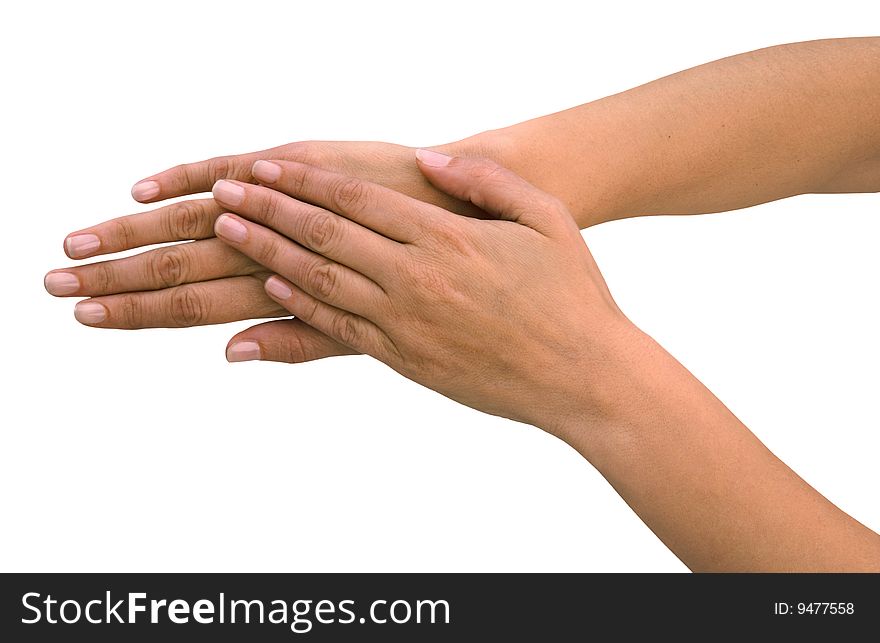 Hands of a young woman, well-kept isolated on a white background.