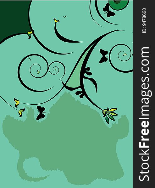 Decorative green design with flowers and butterfly. Decorative green design with flowers and butterfly