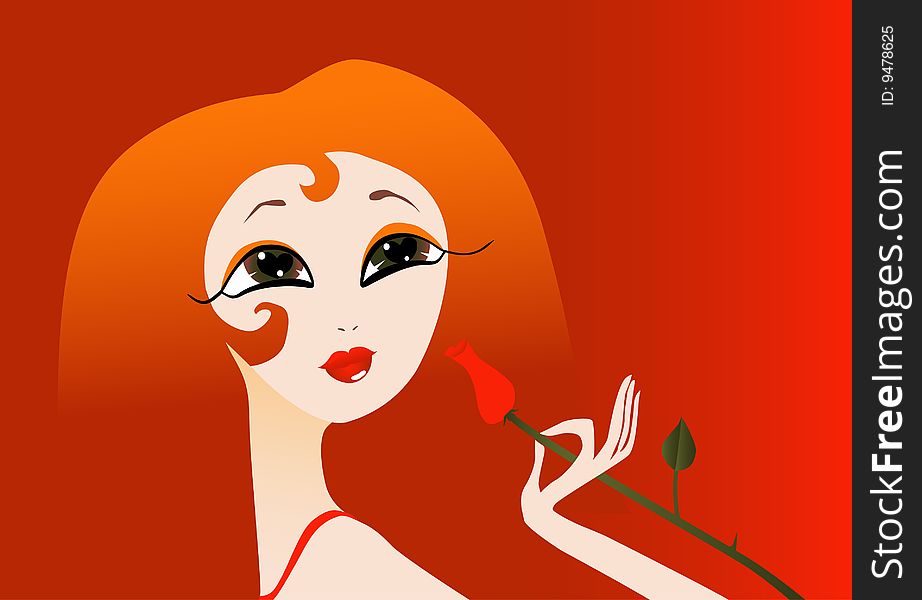 The girl with big eyes and red hair
 Smells a rose. The girl with big eyes and red hair
 Smells a rose