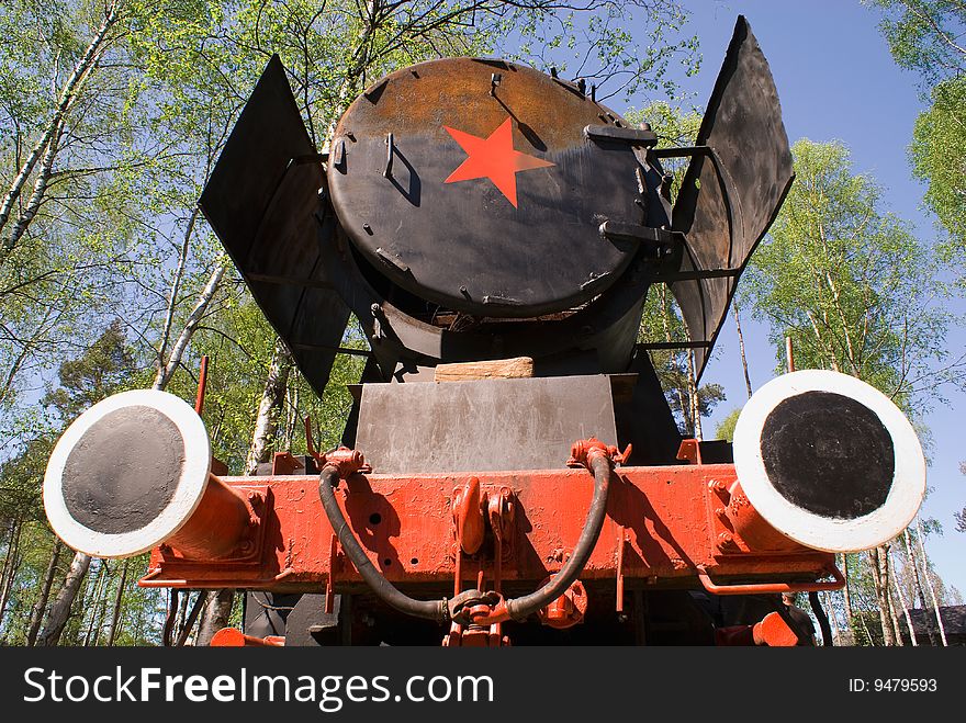 Communistic red and black locomotive with russian star