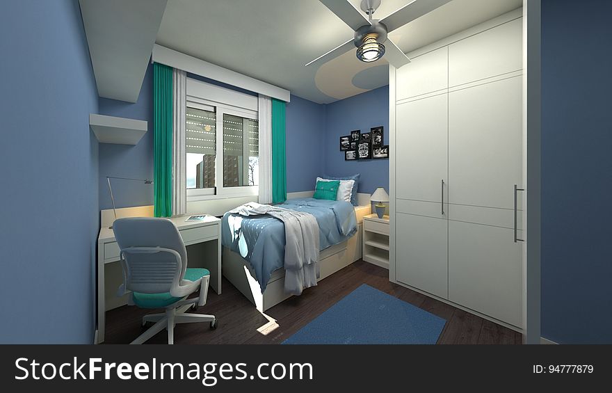 Attractive modern bedroom with wardrobe, chairs and single bed and cabinet next to window with pelmet and green curtains. Attractive modern bedroom with wardrobe, chairs and single bed and cabinet next to window with pelmet and green curtains.