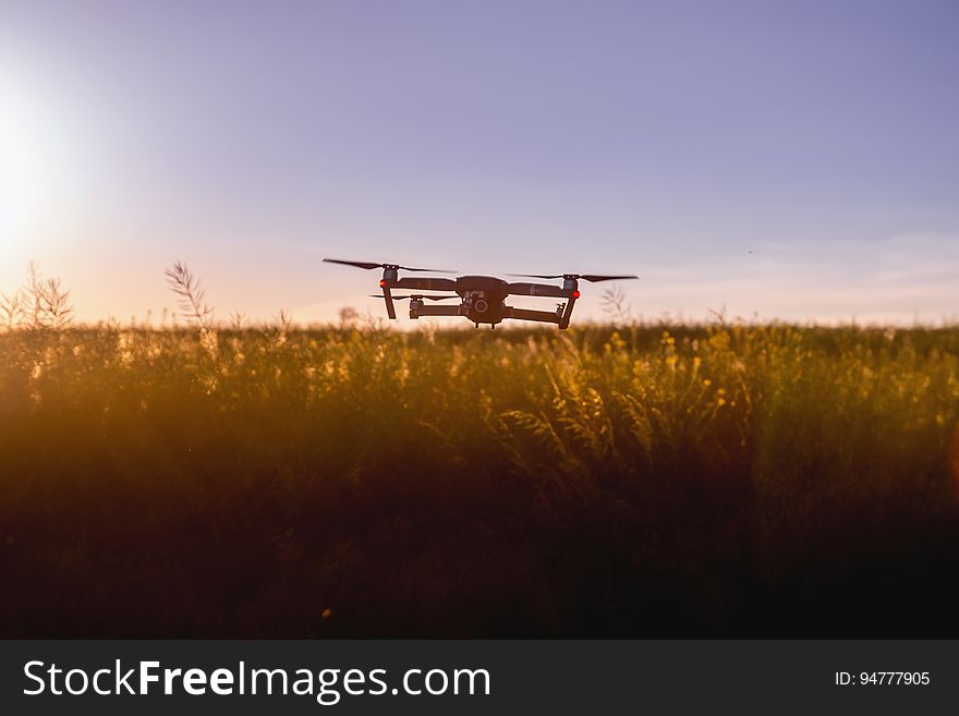 Quadcopter drone flying over rural field of wildflowers at sunset. Quadcopter drone flying over rural field of wildflowers at sunset.