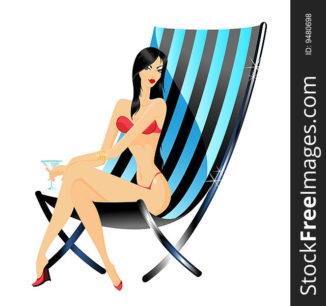 The beautiful young woman in a bathing suit in a beach armchair