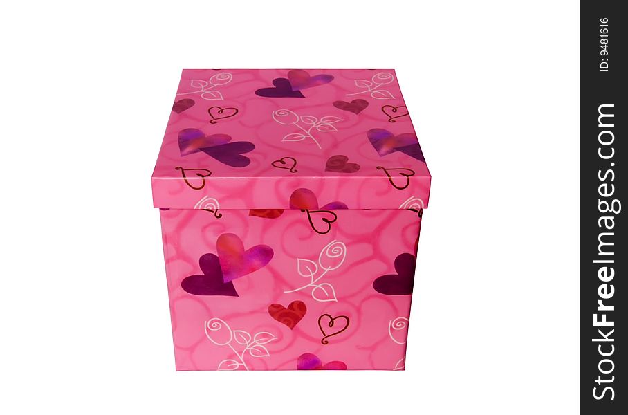 Beautiful pink box with hearts for gifts on a white background