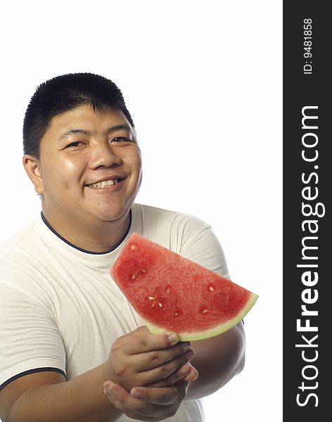 Happy asian man holding watermelon on white background. Happy asian man holding watermelon on white background