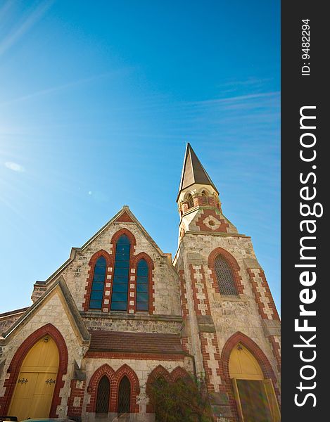 A catholic historic church standing against the blue sky and the sunlight, a popular tourist attraction in Australia. A catholic historic church standing against the blue sky and the sunlight, a popular tourist attraction in Australia.