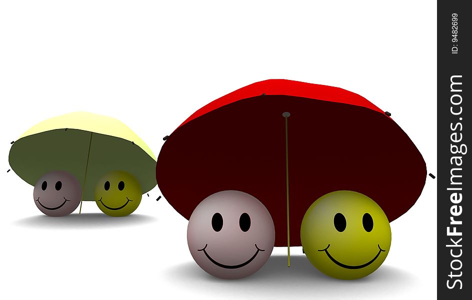 Two pairs of yellow and pink smiley sphere faces below an umbrella. Two pairs of yellow and pink smiley sphere faces below an umbrella