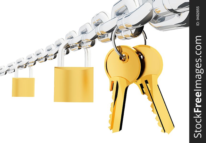 3d rendered image chrome chain two locks and two keys. 3d rendered image chrome chain two locks and two keys