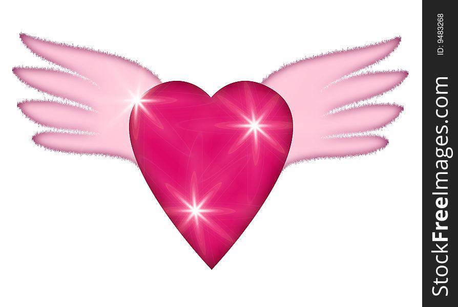 The red heart with the pink wings and glares on the white background, drawing. The red heart with the pink wings and glares on the white background, drawing