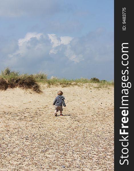 A small toddler boy on sand dunes from behind. A small toddler boy on sand dunes from behind