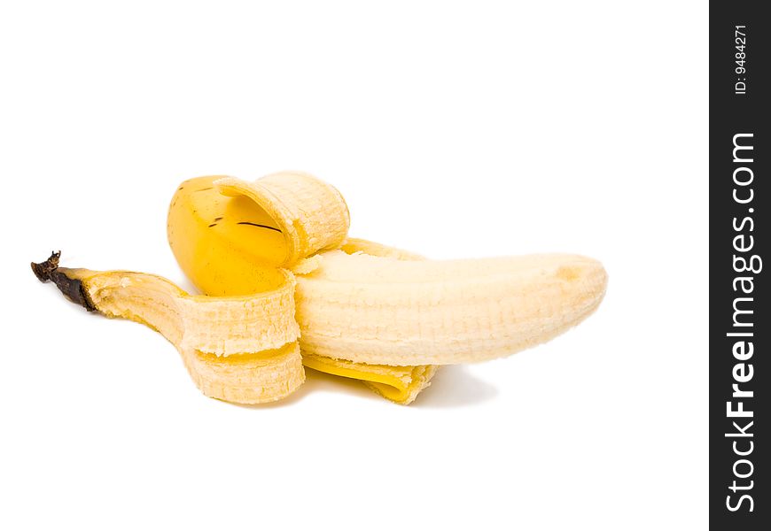 Ripe peeled banana on a white background, isolated