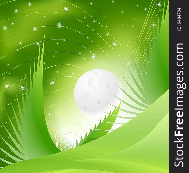 Vector abstract background of green night including plant life, stars, full moon and night sky. Created with blends and gradient mesh. Vector abstract background of green night including plant life, stars, full moon and night sky. Created with blends and gradient mesh.