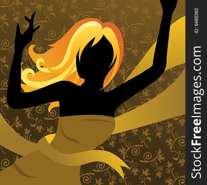 A silhouette model, with dancing pose, with yellow and gold theme and vintage background. A silhouette model, with dancing pose, with yellow and gold theme and vintage background